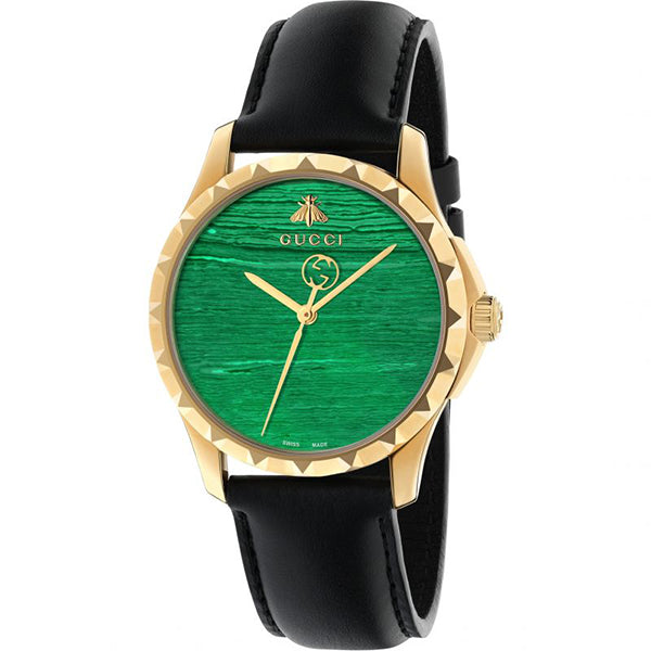 Gucci Le Marche Des Merveilles Black Leather Malachite Green Dial Quartz Watch for Gents- GUCCI YA126463