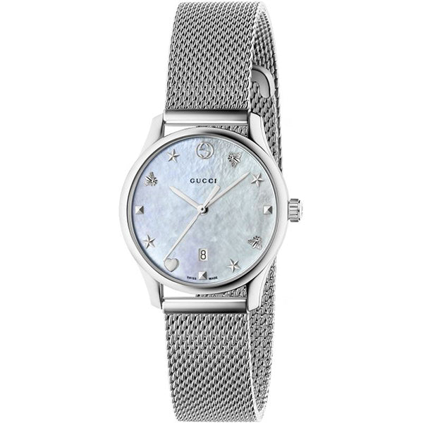 Gucci G-Timeless Silver Stainless Steel Mother of Pearl Dial Quartz Watch for Ladies- GUCCI YA126583