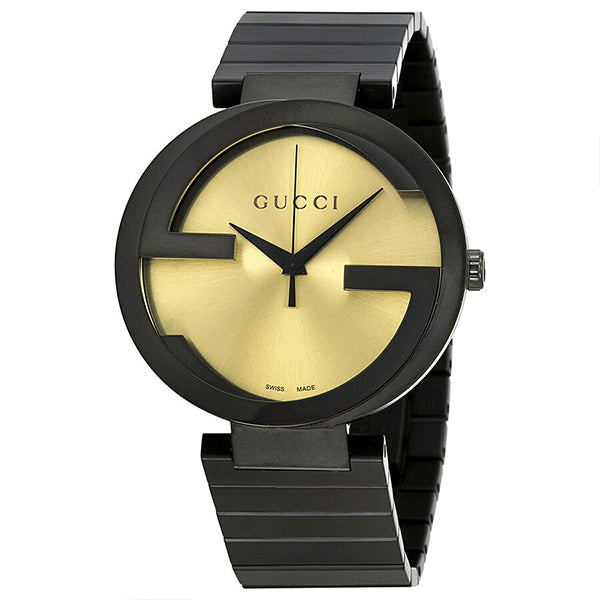 Gucci Interlocking Grammy XL Black Stainless Steel Golden Dial Quartz Watch for Gents- GUCCI YA133209