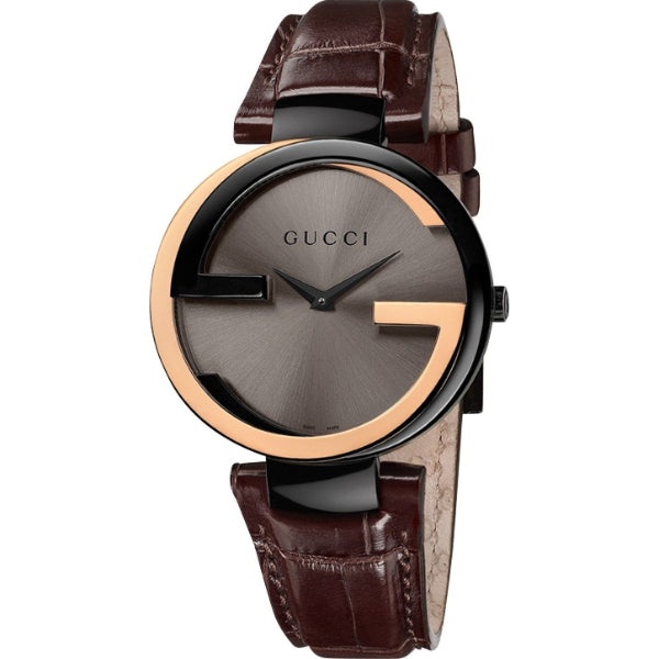Gucci Interlocking-G Brown Leather Strap Black Dial Quartz Watch for Ladies - GUCCI YA 133304