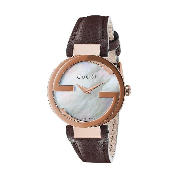 Gucci Interlocking-G Brown Leather Strap Mother of Pearl Dial Quartz Watch for Ladies - GUCCI YA 133516