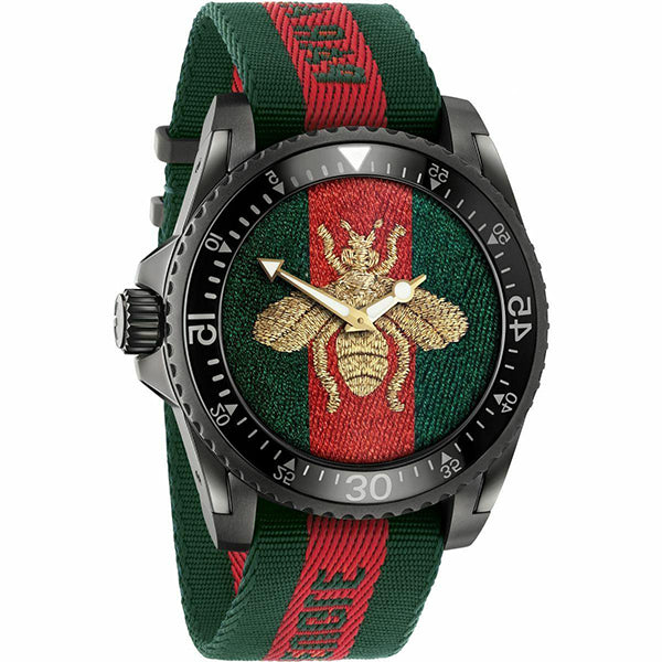 Gucci Dive Bee Two-tone Nylon Green & Red Dial Quartz Watch for Gents- GUCCI YA136216