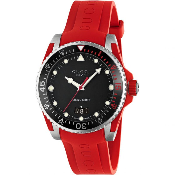 Gucci Dive Red Silicone Strap Black Dial Quartz Watch for Gents - GUCCI YA 136309