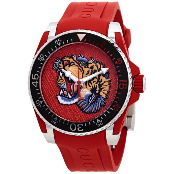 Gucci Dive Tiger Head Red Silicone Strap Red Dial Quartz Watch for Gents - GUCCI YA 136315