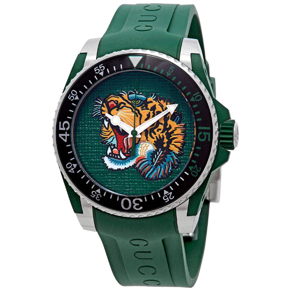 Gucci Dive Tiger Head Green Silicone Strap Green Dial Quartz Watch for Gents - GUCCI YA 136316