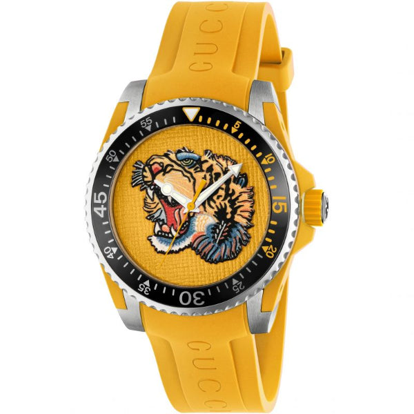 Gucci Dive Tiger Head Yellow Silicone Strap Yellow Dial Quartz Unisex Watch - GUCCI YA 136317