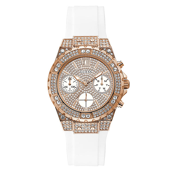 Guess Aphrodite White Silicone Strap Rose Gold Dial Chronograph Quartz Watch for Ladies - GW0038L2