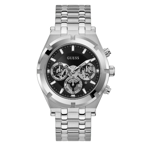 Guess Continental Silver Stainless Steel Black Dial Chronograph Quartz Watch for Gents - GW0260G1