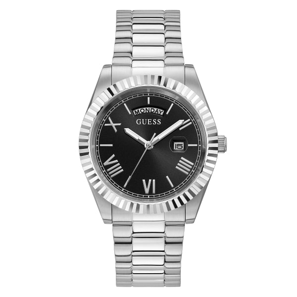 Guess Connoisseur Silver Stainless Steel Black Dial Quartz Watch for Gents - GW0265G1