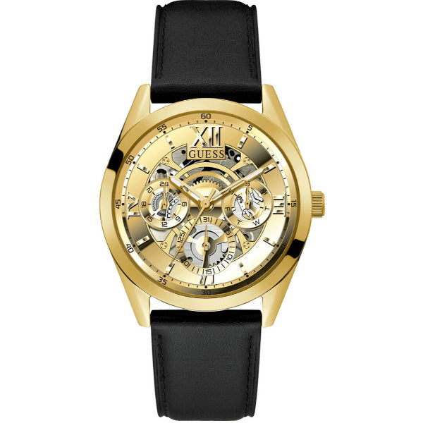 Guess Tailor Black Leather Strap Gold Dial Quartz Watch for Gents - GW0389G2