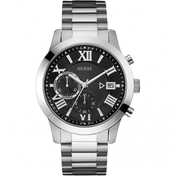 Guess Atlas Silver Stainless Steel Black Dial Chronograph Quartz Watch for Gents - W0668G3