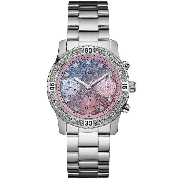 Guess Confetti Silver Stainless Steel Multi Color Dial Chronograph Quartz Watch for Ladies - W0774L1