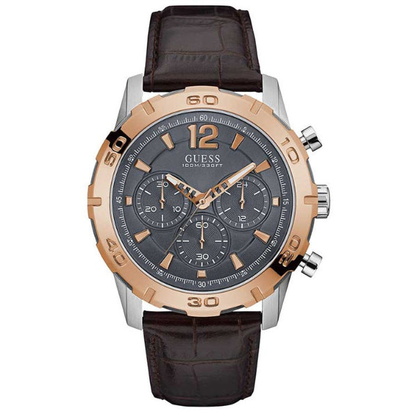 Guess Caliber Brown Leather Strap Grey Dial Chronograph Quartz Watch for Gents - W0864G1