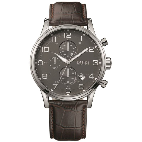 HUGO BOSS Aeroliner Brown Leather Strap Grey Dial Chronograph Quartz Watch for Gents - HUGO BOSS 1512570