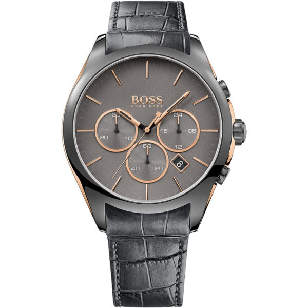 HUGO BOSS Onyx Grey Leather Strap Grey Dial Chronograph Quartz Watch for Gents - HUGO BOSS 1513366