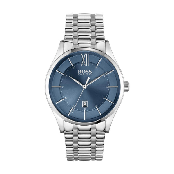 HUGO BOSS Officer Silver Stainless Steel Blue Dial Quartz Watch for Gents - HUGO BOSS 1513615