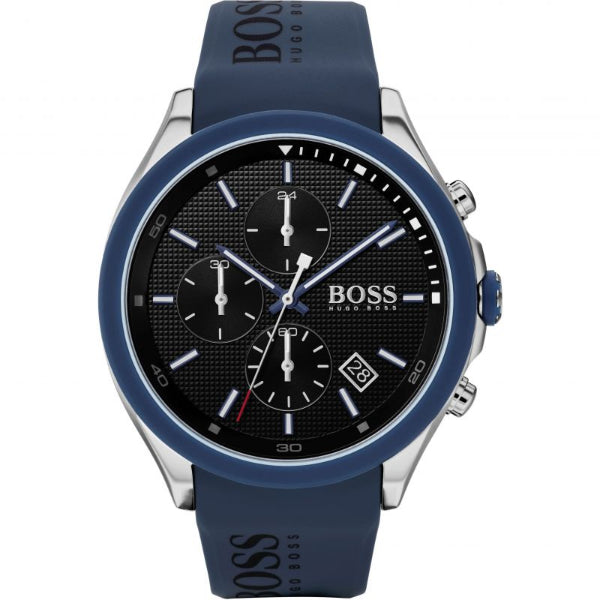 HUGO BOSS Velocity Blue Silicone Strap Black Dial Chronograph Quartz Watch for Gents - HUGO BOSS 1513717