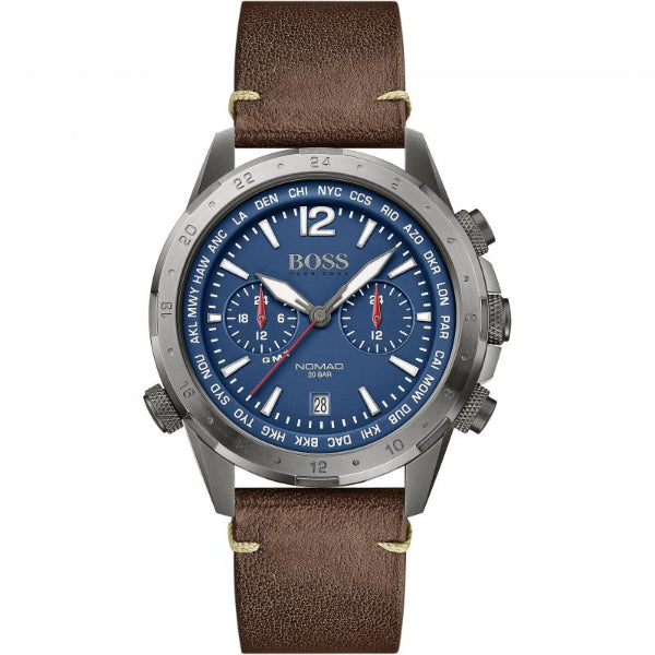 HUGO BOSS Nomad Brown Leather Strap Blue Dial Chronograph Quartz Watch for Gents - HUGO BOSS 1513773