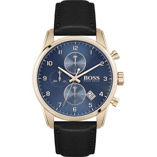 HUGO BOSS Skymaster Black Leather Strap Blue Dial Chronograph Quartz Watch for Gents - HUGO BOSS 1513783