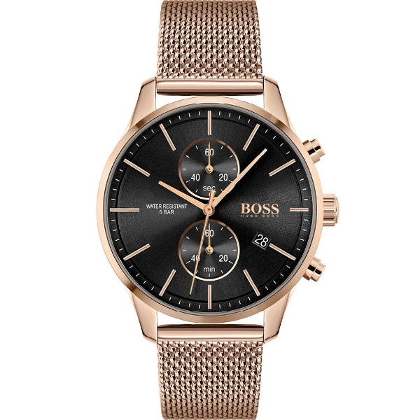 HUGO BOSS Associate Rose Gold Mesh Bracelet Black Dial Chronograph Quartz Watch for Gents - HUGO BOSS 1513806