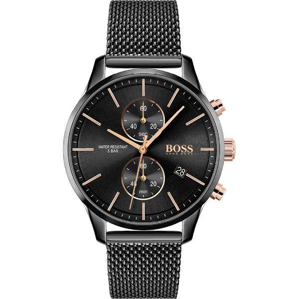 HUGO BOSS Associate Black Mesh Bracelet Black Dial Chronograph Quartz Watch for Gents - HUGO BOSS 1513811