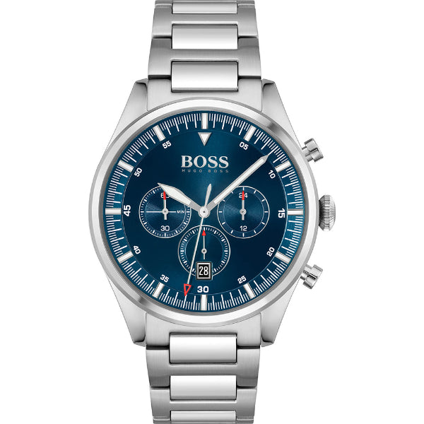 HUGO BOSS Pioneer Silver Stainless Steel Blue Dial Quartz Watch for Gents- HUGO BOSS 1513867