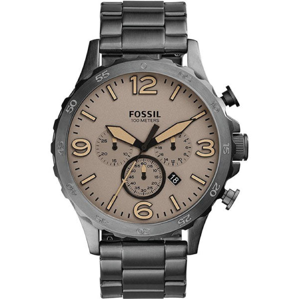 Fossil Nate Grey Stainless Steel Cream Dial Chronograph Quartz Watch for Gents - JR1523