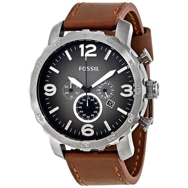 Fossil Nate Brown Leather Strap Grey Dial Chronograph Quartz Watch for Gents - JR1424