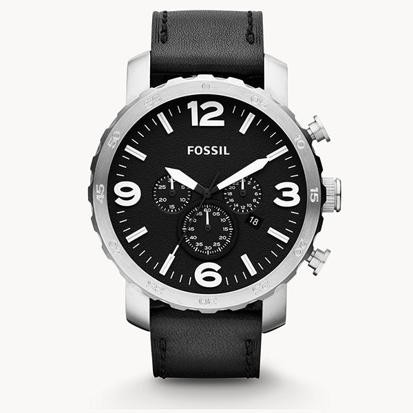 Fossil Nate Black Leather Strap Black Dial Chronograph Quartz Watch for Gents - JR1436