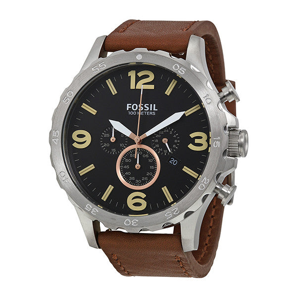 Fossil Nate Brown Leather Strap Black Dial Chronograph Quartz Watch for Gents - JR1475