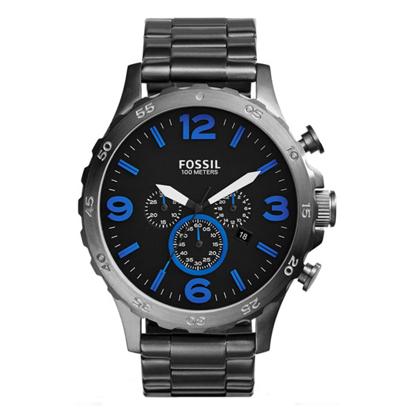 Fossil Nate Grey Stainless Steel Black Dial Chronograph Quartz Watch for Gents - JR1478