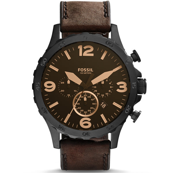 Fossil Nate Brown Leather Strap Brown Dial Chronograph Quartz Watch for Gents - JR1487