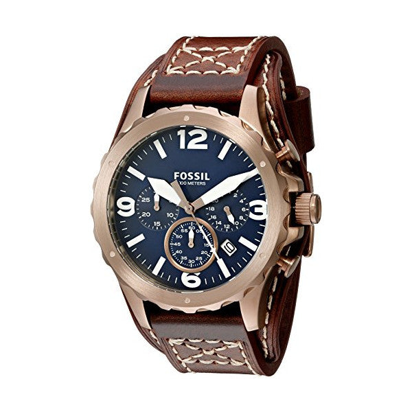 Fossil Nate Brown Leather Strap Blue Dial Chronograph Quartz Watch for Gents - JR1505
