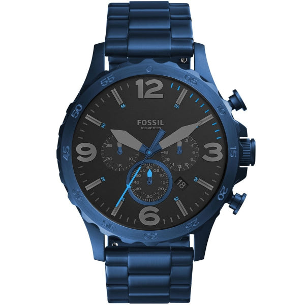 Fossil Nate Blue Stainless Steel Black Dial Chronograph Quartz Watch for Gents - JR1530