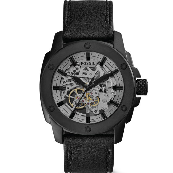 Fossil Modern Machine Black Leather Strap Skeleton Dial Automatic Watch for Gents - ME3134