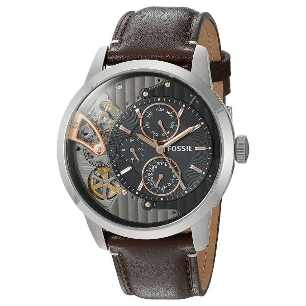 Fossil Townsman Dark Brown Leather Strap Black Dial Automatic Watch fo ...