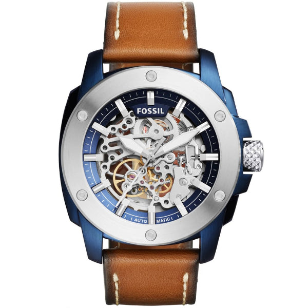 Fossil Modern Machine Brown Leather Strap Skeleton Dial Automatic Watch for Gents - ME3135