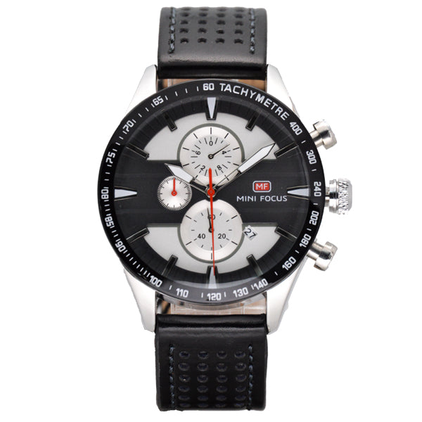 Mini Focus Black Leather Strap Grey Dial Chronograph Quartz Watch for Gents - MF0002G-03