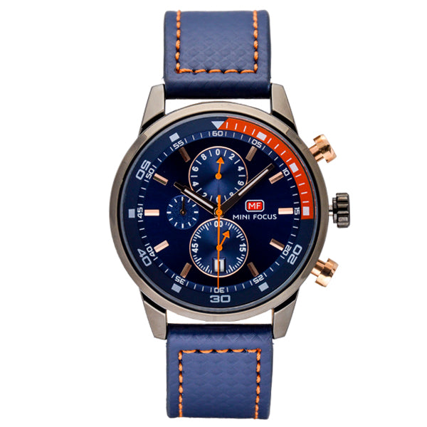 Mini Focus Blue Leather Strap Blue Dial Chronograph Quartz Watch for Gents - MF0017G-02
