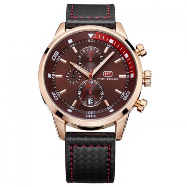 Mini Focus Black Leather Strap Red Dial Chronograph Quartz Watch for Gents - MF0017G-03