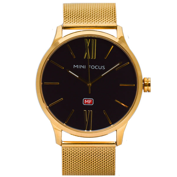 Mini Focus Gold Mesh Bracelet Black Dial Quartz Watch for Gents - MF0018G-05