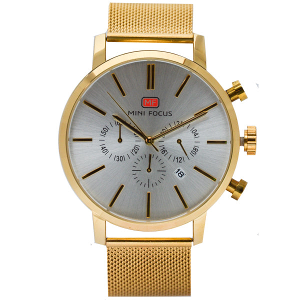 Mini Focus Gold Mesh Bracelet Silver Dial Chronograph Quartz Watch for Gents - MF0023G-05