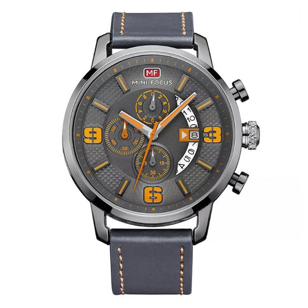 Mini Focus Charcoal Leather Strap Grey Dial Chronograph Quartz Watch for Gents - MF0025G-01