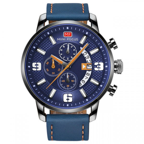 Mini Focus Grey Leather Strap Blue Dial Chronograph Quartz Watch for Gents - MF0025G-03