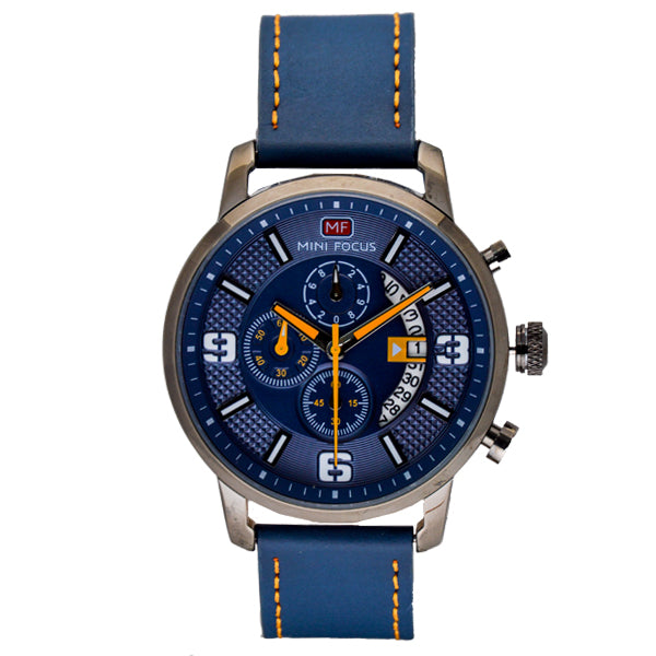 Mini Focus Blue Leather Strap Blue Dial Chronograph Quartz Watch for Gents - MF0025G-05