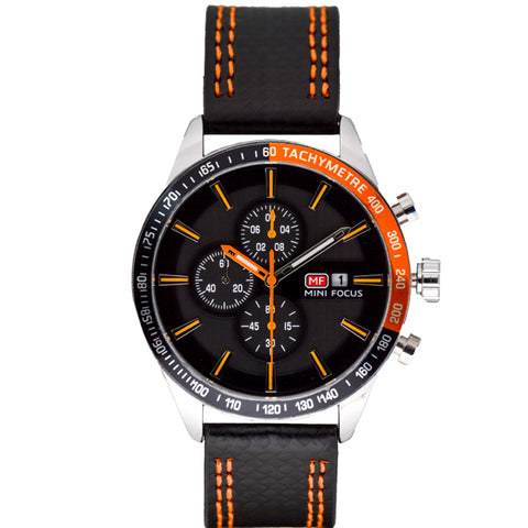 Mini Focus Black Leather Strap Black Dial Chronograph Quartz Watch