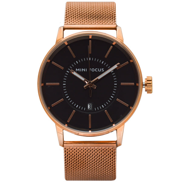 Mini Focus Rose Gold Mesh Bracelet Black Dial Quartz Watch for Gents - MF0034G-03