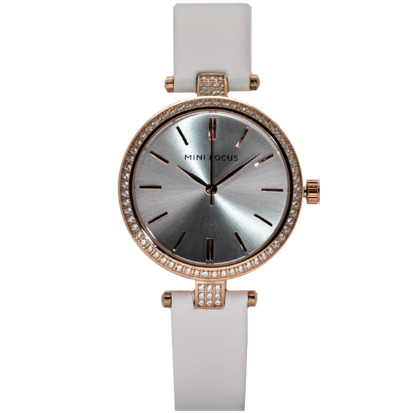 Mini Focus White Leather Strap Silver Dial Quartz Watch for Ladies - MF0039L-02