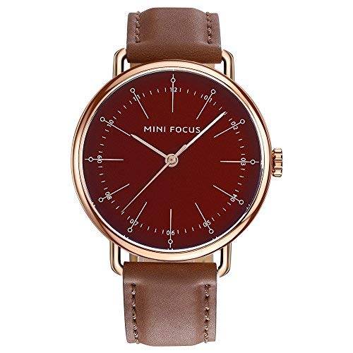 Mini Focus Brown Leather Strap Red Dial Quartz Watch for Gents - MF0056G-01