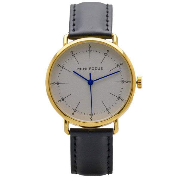 Mini Focus Black Leather Strap White Dial Quartz Watch for Gents - MF0056G-02
